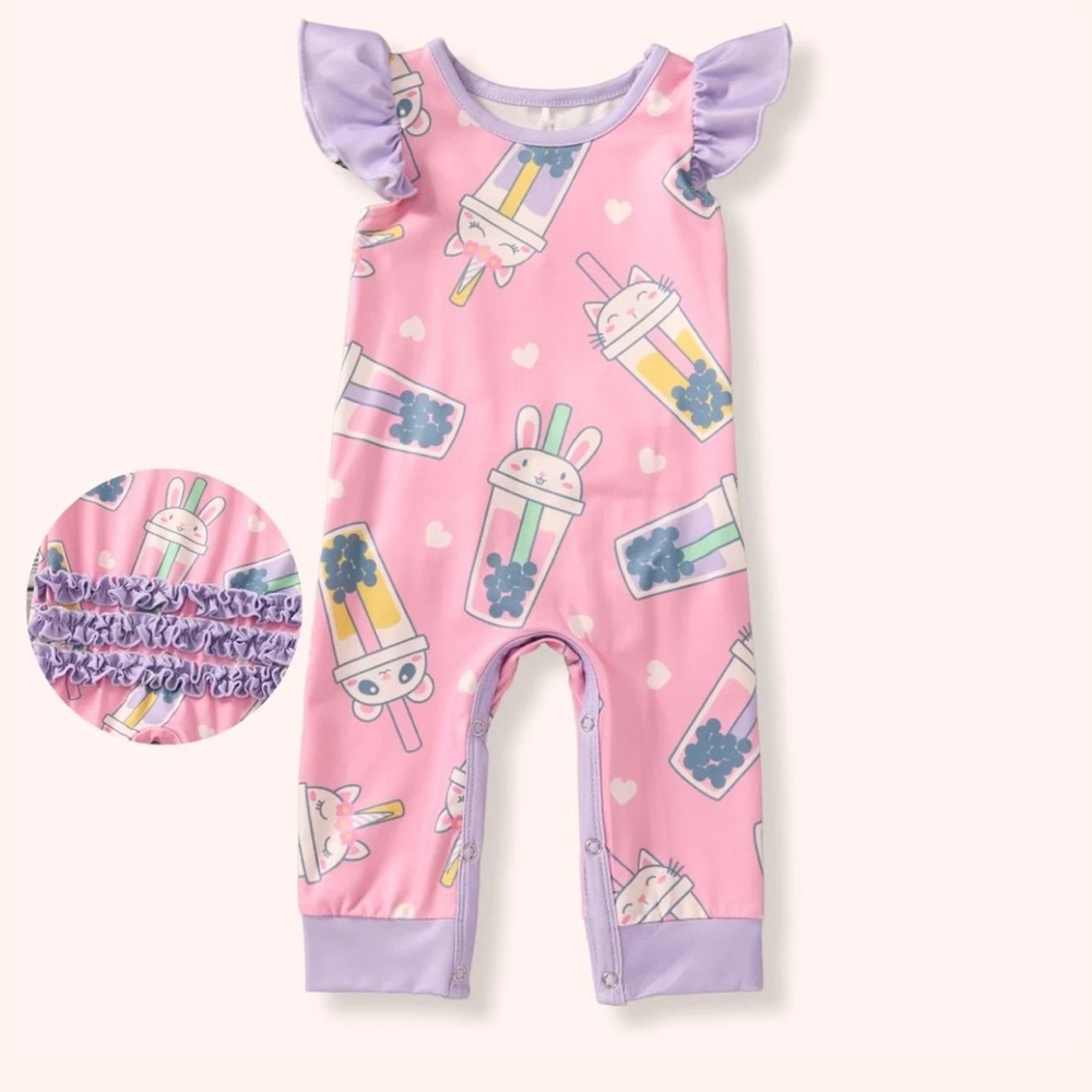 Pink and Purple Baby Romper with Bubble tea Print